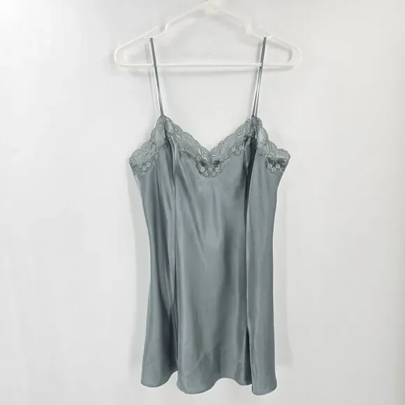 Victoria’s Secret Silk Light Gray Green Sage Lace Slip Dress Limgerie Negligee - Picture 2 of 4